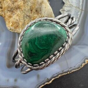 Vintage Taos Pueblo Native American Sterling Silver Malachite Bracelet For Women